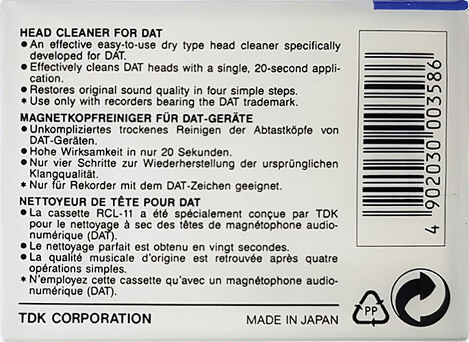 Digital Audio Tape TDK "RCL-11" Cleaning Cassette 1988 Europe