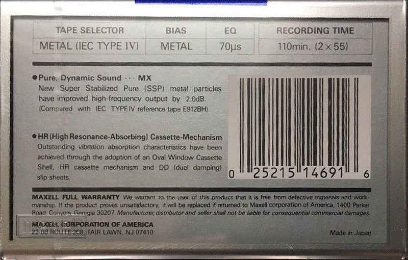 Compact Cassette Maxell MX 110 Type IV Metal 1990 USA