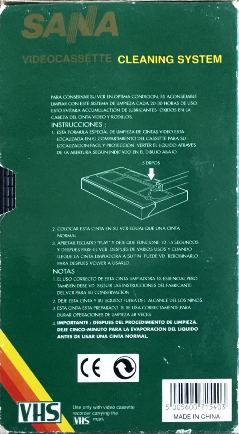 VHS, Video Home System Sana Cleaning Cassette Spain