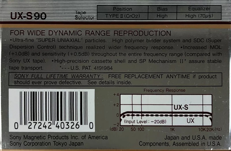 Compact Cassette Sony UX-S 90 Type II Chrome 1986 USA