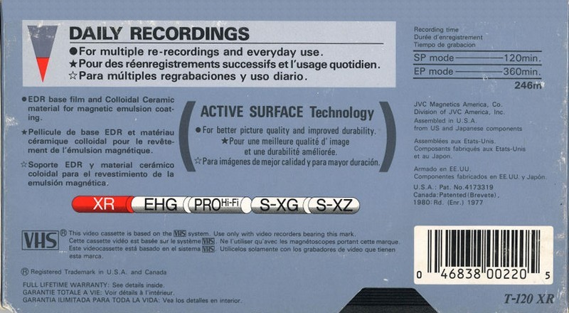 VHS, Video Home System JVC XR 120 "T-120 XR" Type I Normal North America