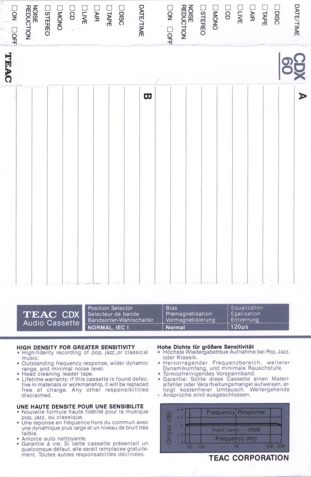 Compact Cassette Teac CDX 60 Type I Normal 1989 Europe