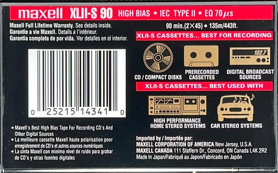 Compact Cassette Maxell XLII-S 90 Type II Chrome 1998 North America