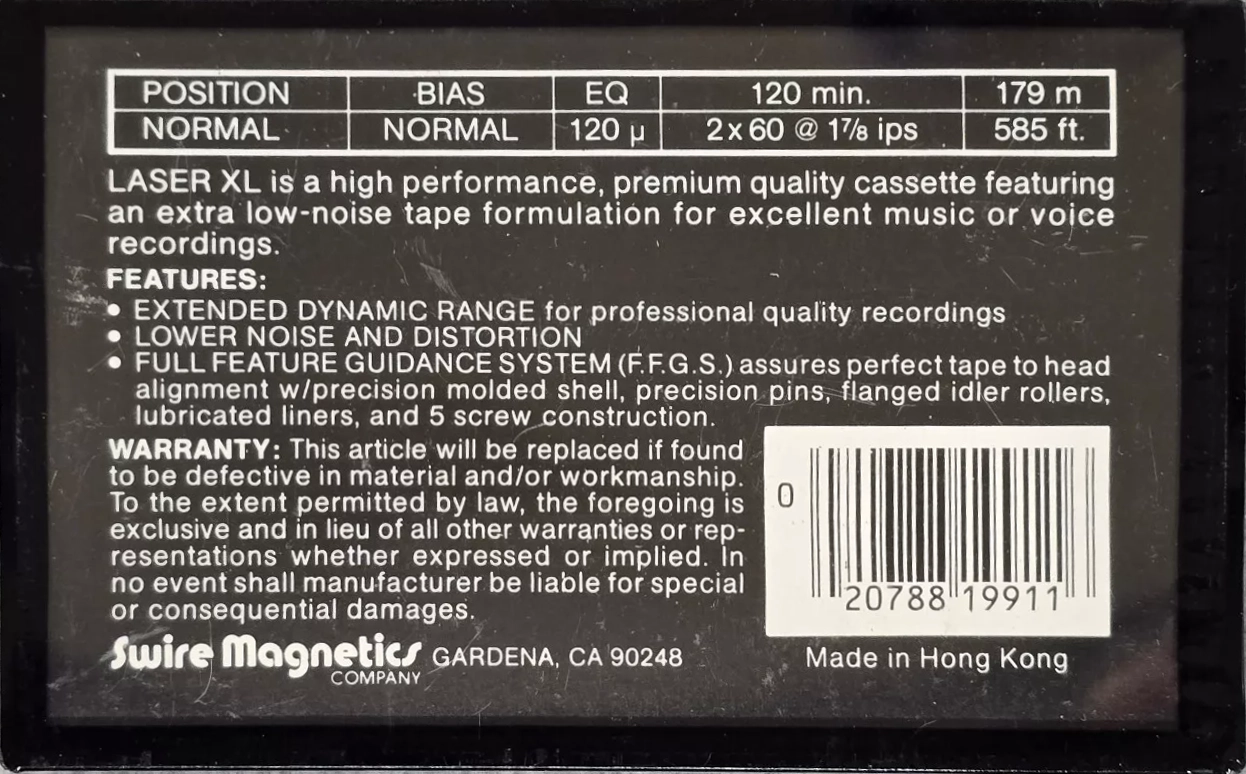 Compact Cassette Laser XL 120 Type I Normal 1983 USA