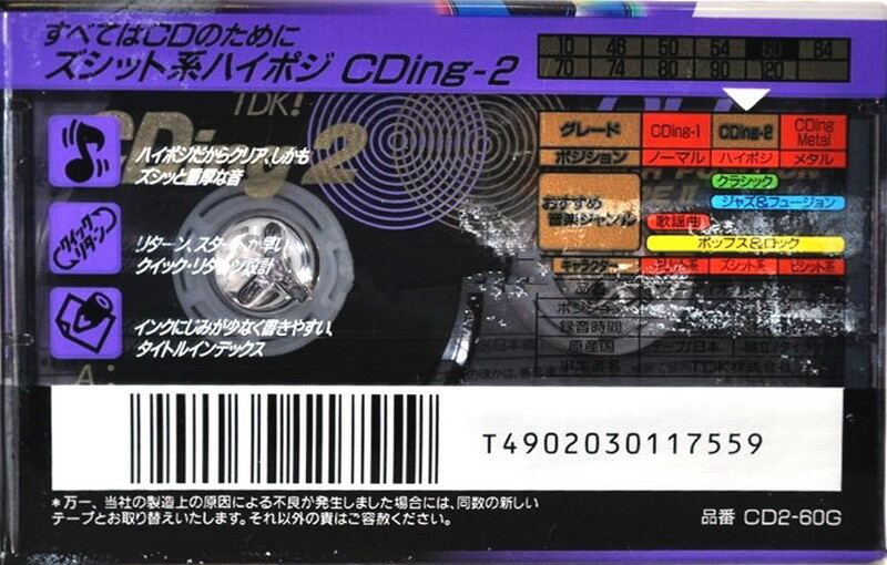Compact Cassette TDK CDing 2 60 "CD2-60G" Type II Chrome 1996 Japan