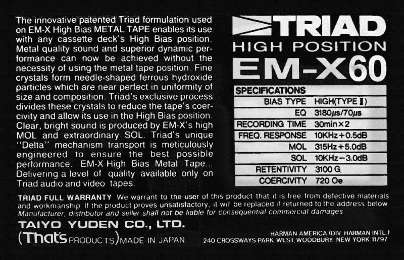 Compact Cassette: Taiyo Yuden Triad - EM-X 60