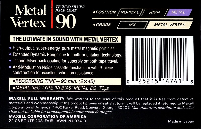 Compact Cassette Maxell Metal Vertex 90 Type IV Metal 1988 USA