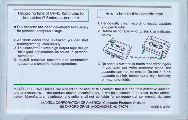 Compact Cassette Maxell CP 15 Computer Cassette 1983 USA