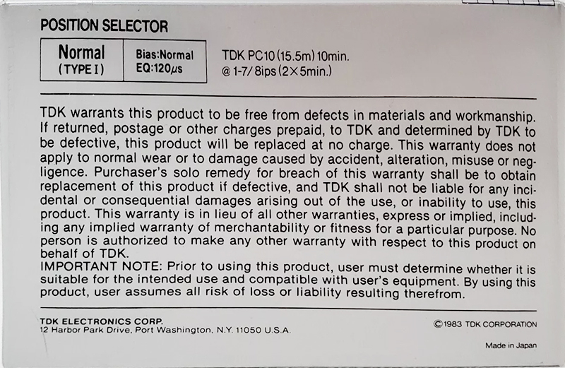 Compact Cassette TDK 10 "PC10" Computer Cassette 1983 USA