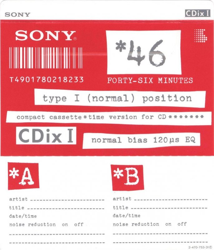 Compact Cassette Sony CDix I 46 "C-46CDX1a" Type I Normal 1992 Japan