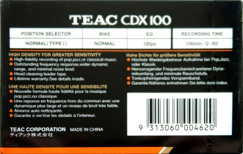 Compact Cassette Teac CDX 100 Type I Normal 1990 Europe