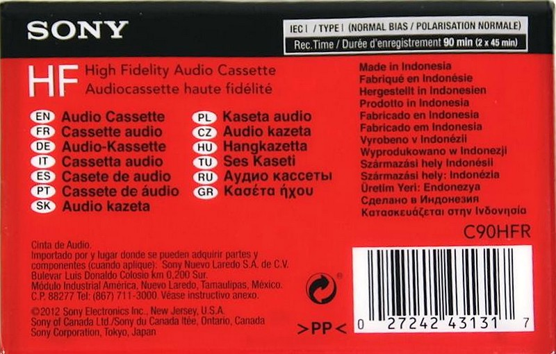 Compact Cassette Sony HF 90 "C90HFR" Type I Normal 2012 Worldwide