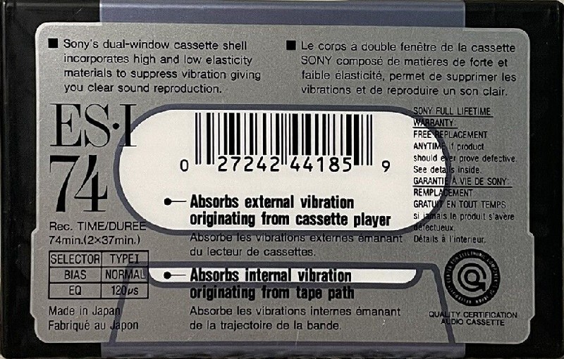 Compact Cassette Sony ES-I 74 Type I Normal 1991 North America
