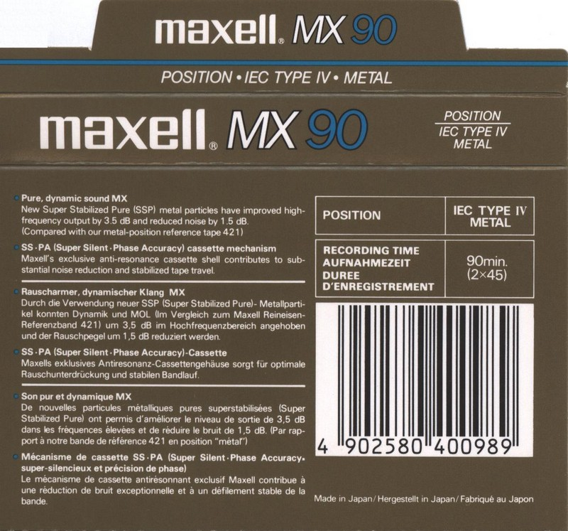Compact Cassette Maxell MX 90 Type IV Metal 1986 Europe