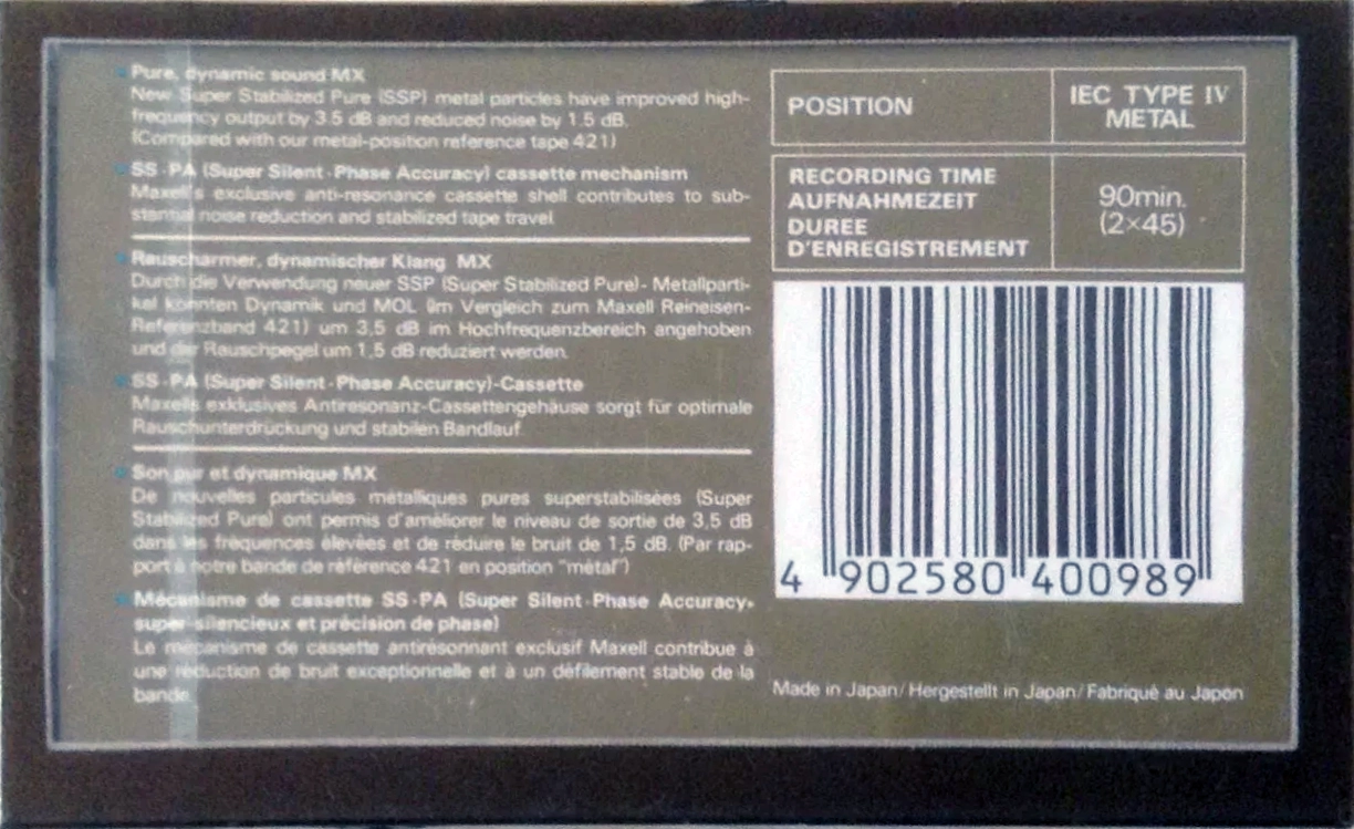 Compact Cassette Maxell MX 90 Type IV Metal 1986 Europe