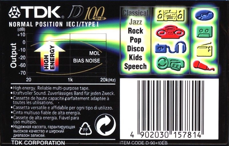 Compact Cassette TDK D 100 "D-90+10EB" Type I Normal 2000 Worldwide