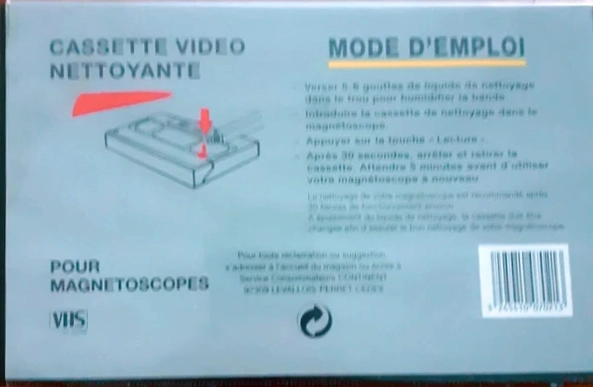 VHS, Video Home System Continent / Continente Cleaning Cassette 1985 France