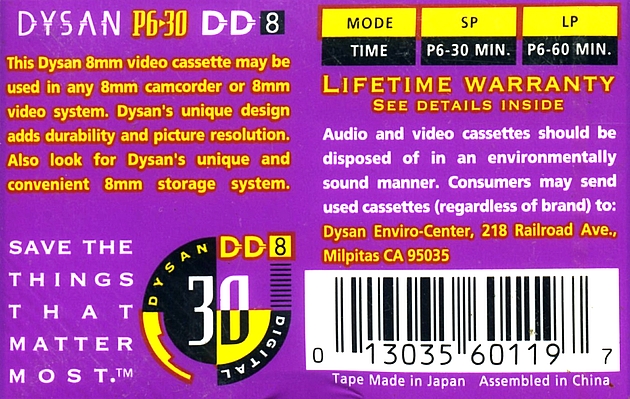 Video8, Hi8, Digital8 Dysan 30 "P6-30 DD8" Type IV Metal USA