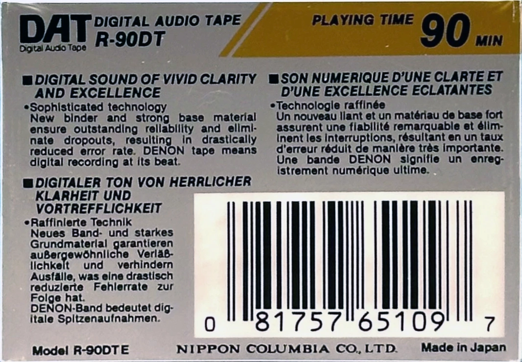 Digital Audio Tape Denon 90 "R-90DT E" Type IV Metal 1990 North America