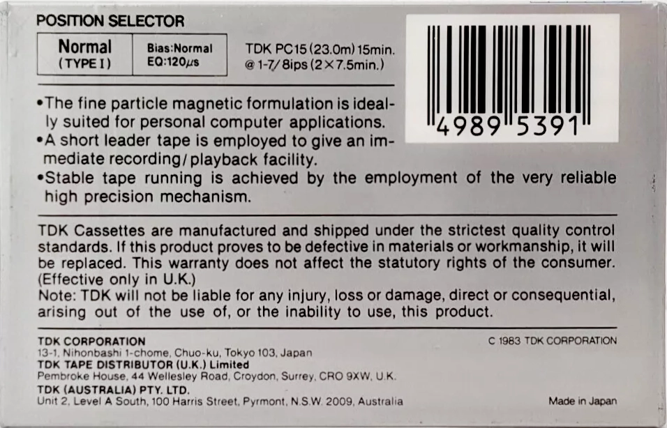 Compact Cassette TDK 15 Computer Cassette 1985 Australia, Europe