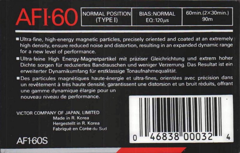 Compact Cassette JVC AFI 60 "AF1-60S" Type I Normal 1990 North America