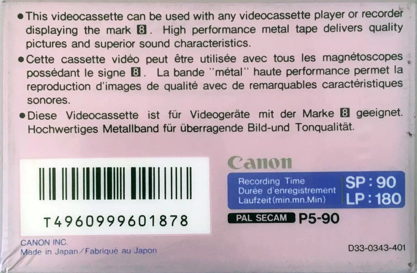 Video8, Hi8, Digital8 Canon Metal MP 90 "8 mm" Type IV Metal Europe