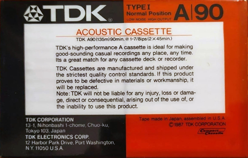 Compact Cassette TDK A 90 Type I Normal 1987 USA