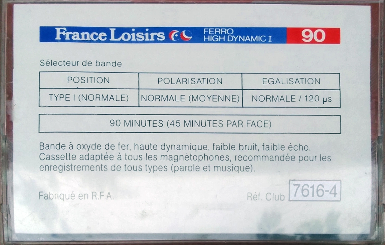 Compact Cassette France Loisirs 90 Type I Normal France