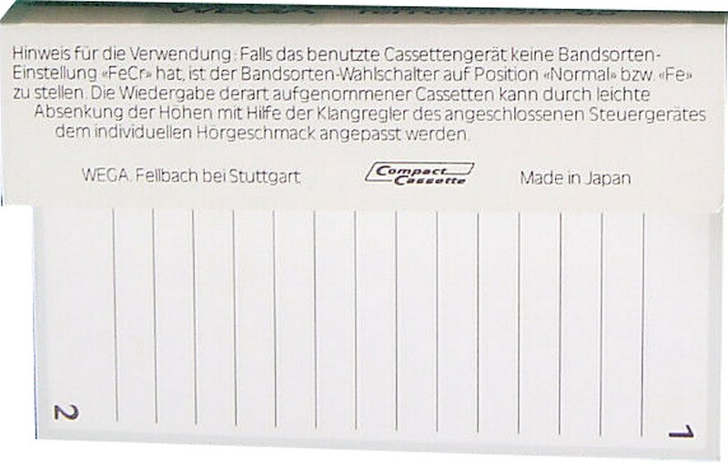 Compact Cassette Wega 90 Type III Ferro Chrome 1980 Germany