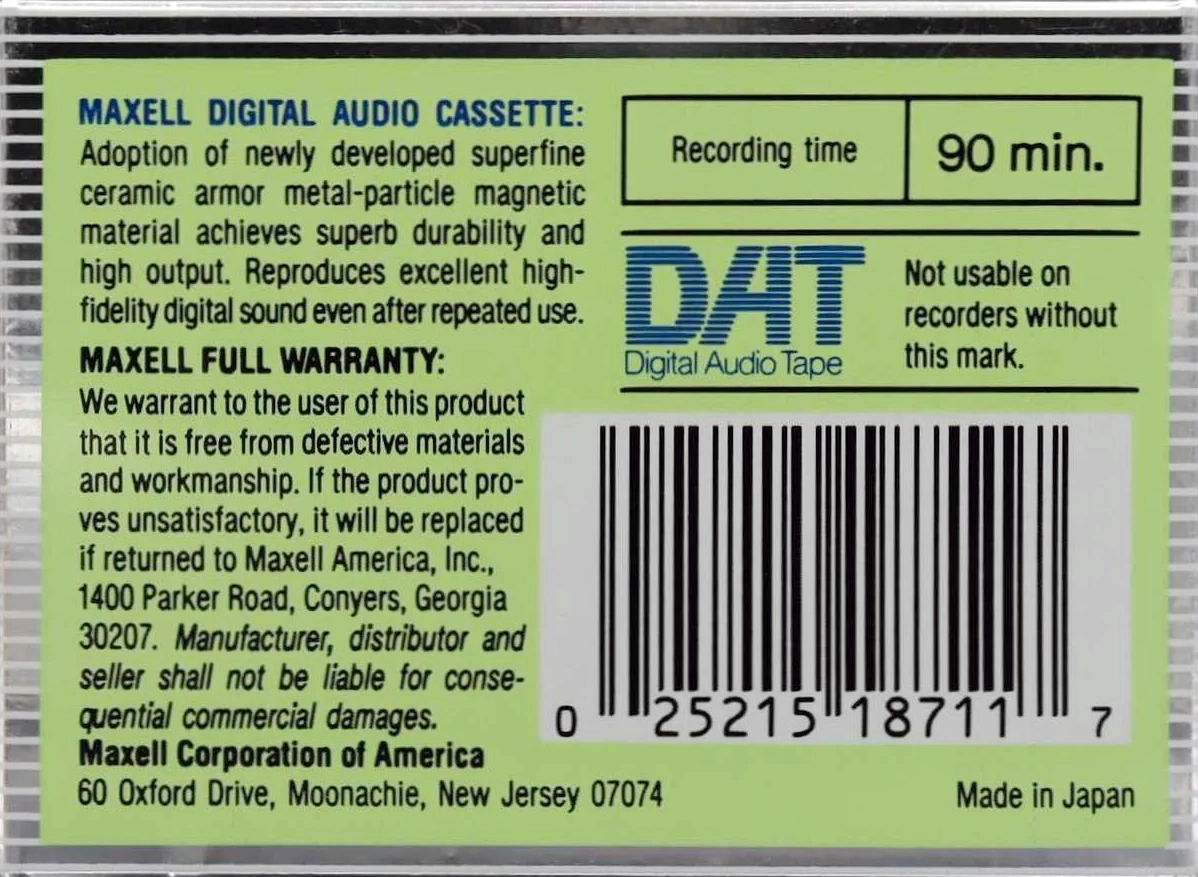 Digital Audio Tape Maxell 90 "R-90DM" Type IV Metal 1987 USA