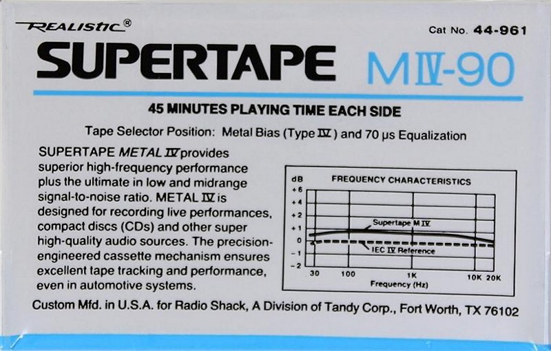 Compact Cassette SUPERTAPE MIV 90 Type IV Metal 1988 USA