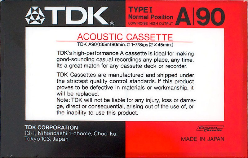 Compact Cassette TDK A 90 Type I Normal 1986 USA