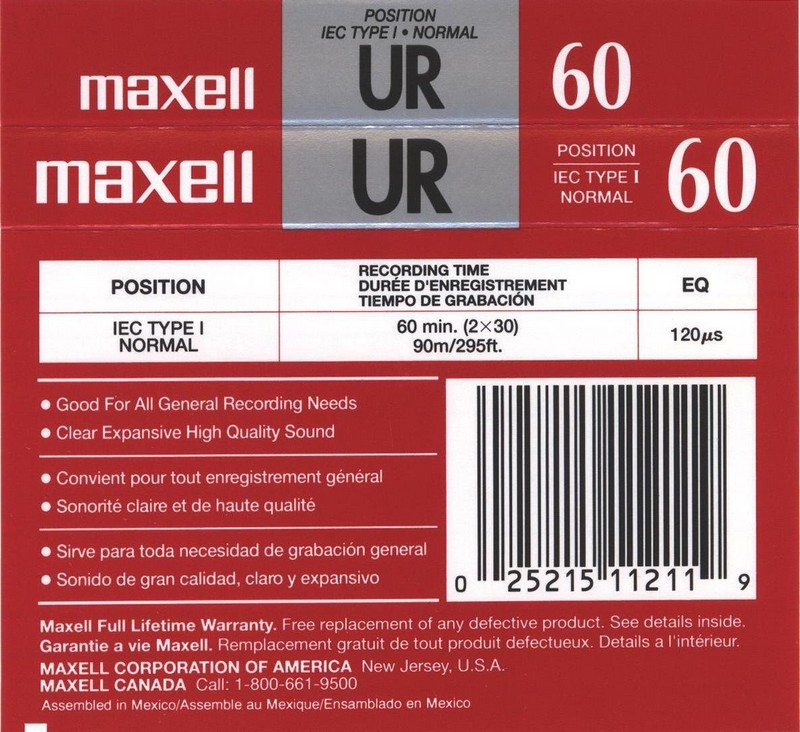 Compact Cassette Maxell UR 60 Type I Normal 1992 North America
