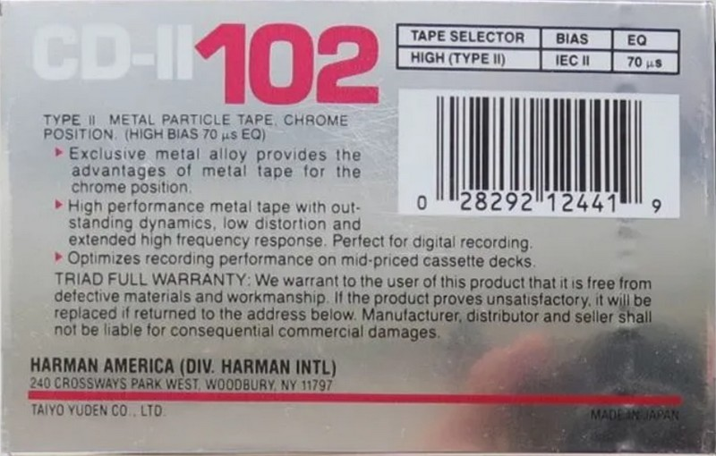 Compact Cassette Triad CD 102 Type II Chrome 1988 North America