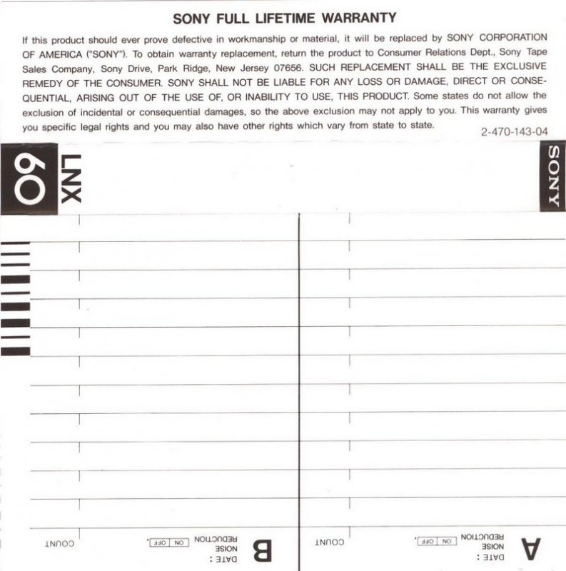 Compact Cassette Sony LNX 60 Type I Normal 1982 USA