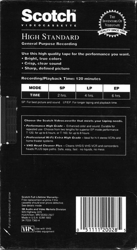 VHS, Video Home System Scotch High Standard 120 Type I Normal 1993 USA