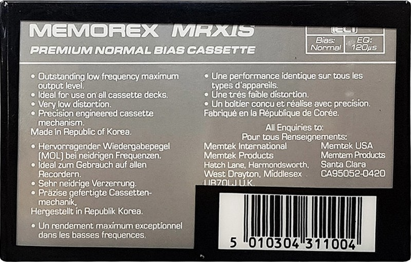Compact Cassette Memorex MRX IS 60 Type I Normal 1987 Europe