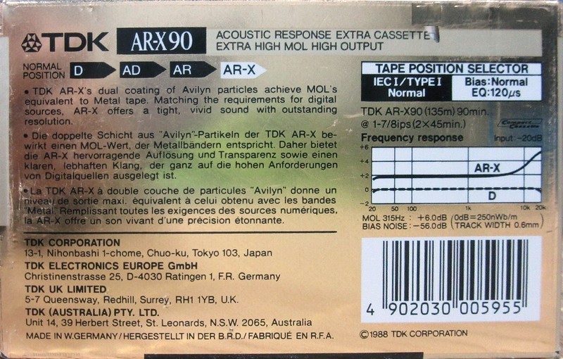 Compact Cassette TDK AR-X 90 Type I Normal 1988 Australia, Europe