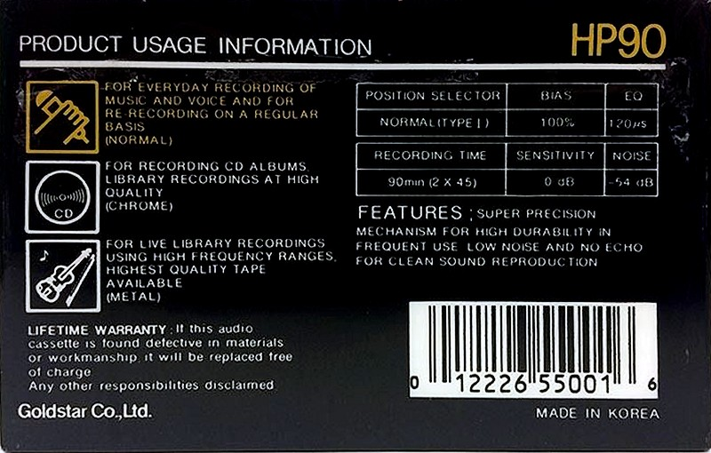 Compact Cassette Goldstar HP 90 Type I Normal 1989 USA