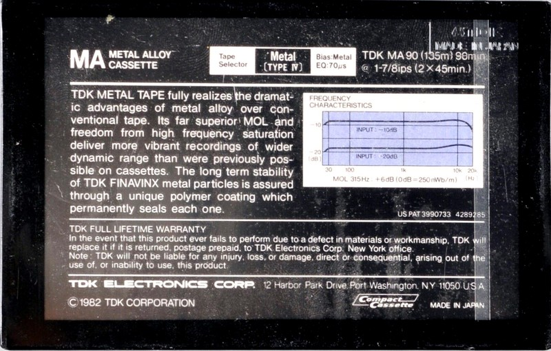 Compact Cassette TDK MA 90 Type IV Metal 1982 USA