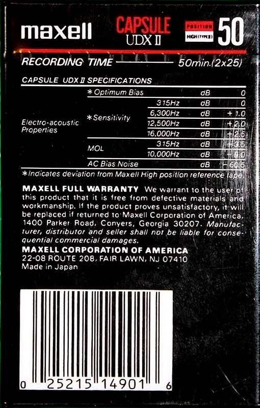 Compact Cassette Maxell Capsule II 50 "UDXII" Type II Chrome 1991 USA
