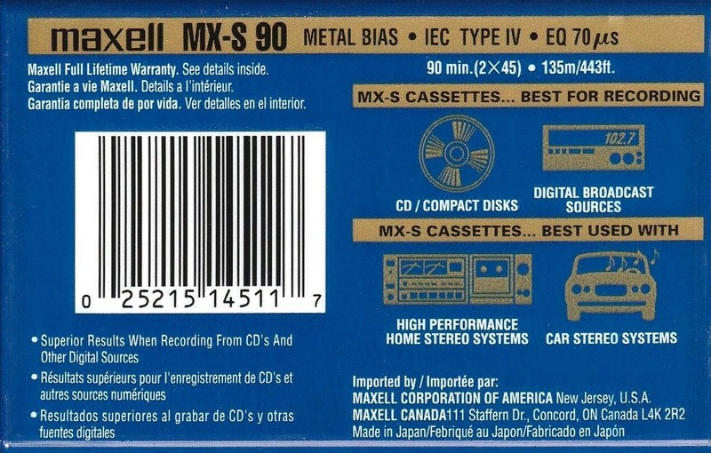 Compact Cassette Maxell MX-S 90 Type IV Metal 1998 North America