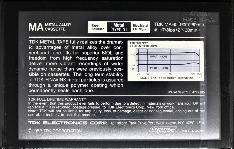 Compact Cassette TDK MA 60 Type IV Metal 1982 USA