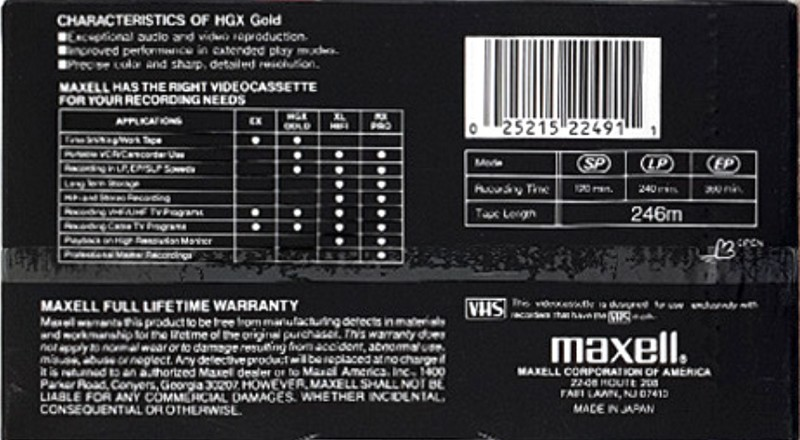 VHS, Video Home System Maxell HGX Gold 120 "T-120 HGX (G)" Type II Chrome 1984 USA