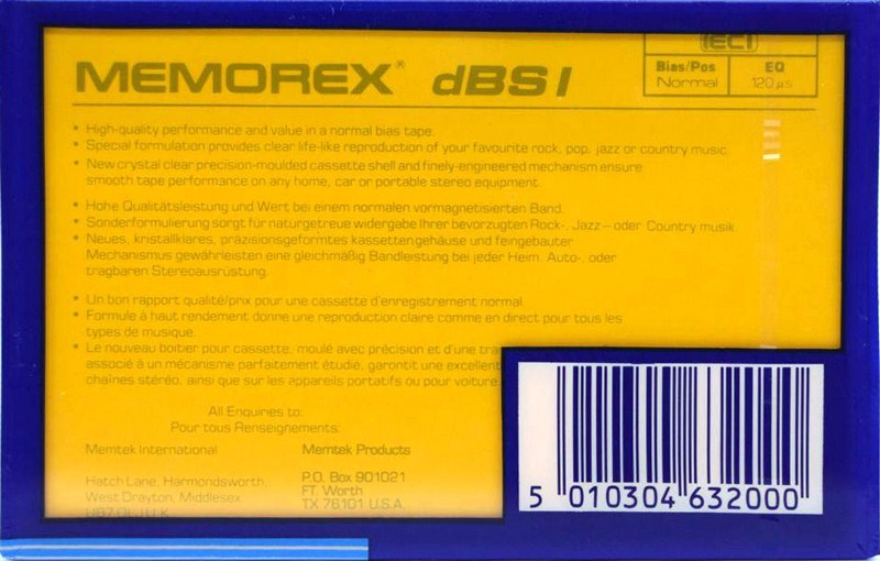 Compact Cassette Memorex dBS I 90 Type I Normal 1989 UK