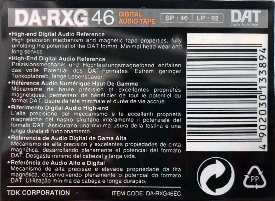 Digital Audio Tape TDK DA-RXG 46 "DA-RXG46EC" Type IV Metal 1996 Europe