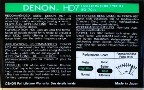 Compact Cassette Denon HD7 60 Type II Chrome 1988 Europe, USA