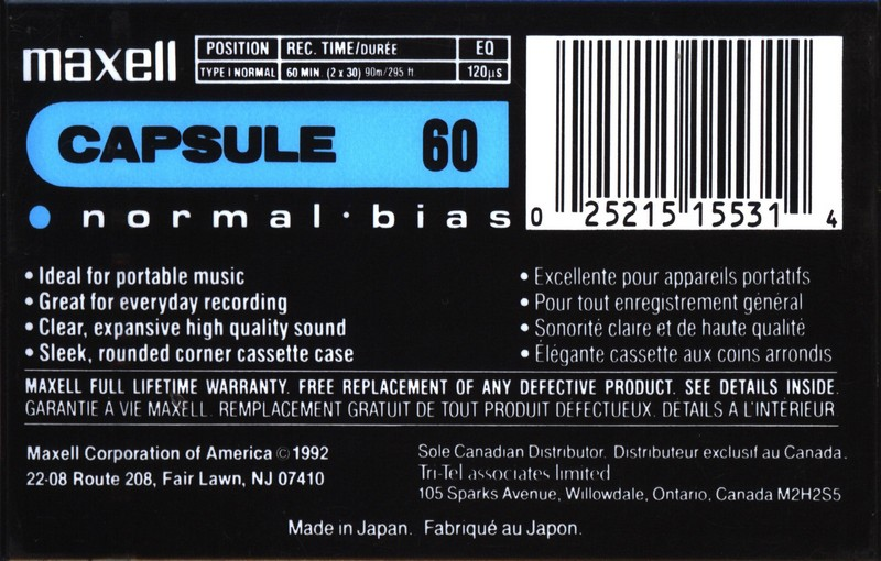 Compact Cassette Maxell Capsule 60 Type I Normal 1992 North America