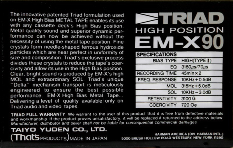 Compact Cassette Triad EM-X 90 Type II Chrome 1986 North America