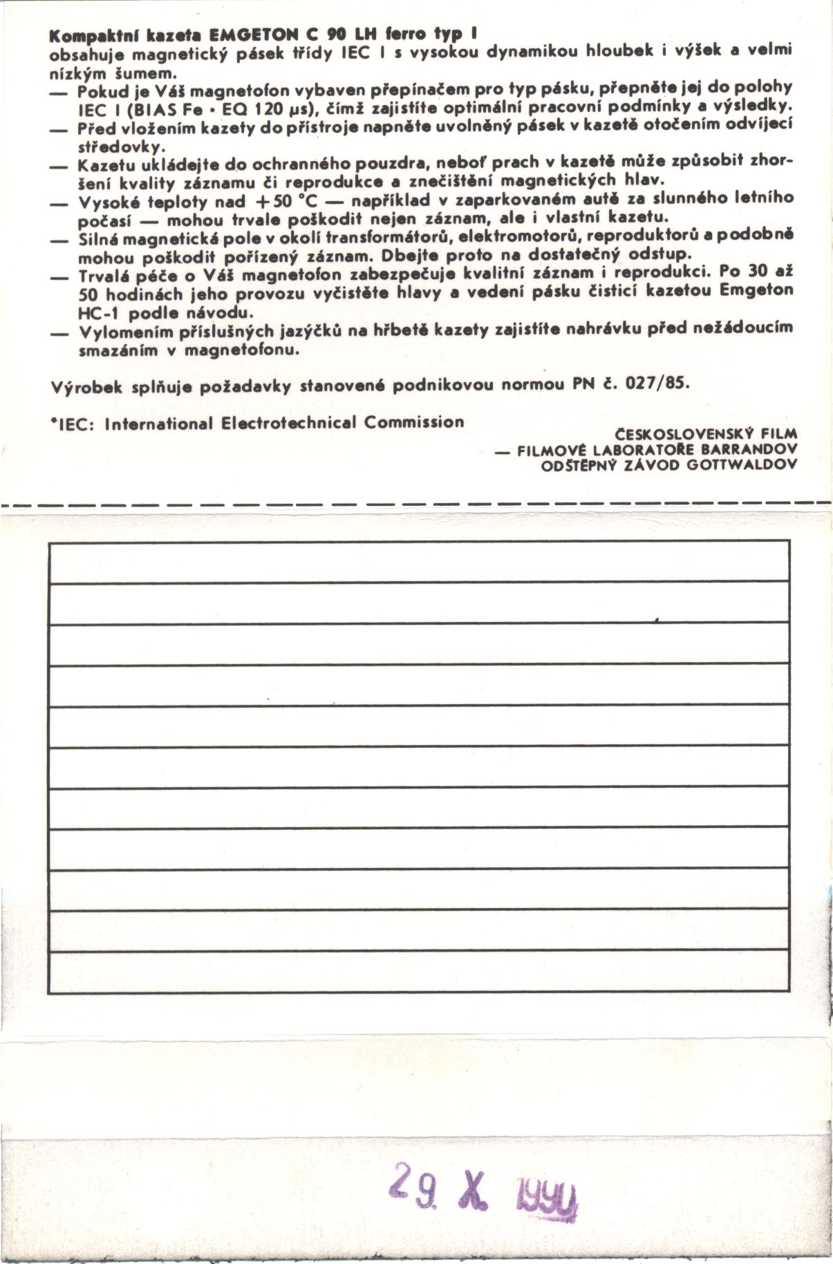 Compact Cassette Emgeton LH 60 Type I Normal 1987 Czechoslovakia